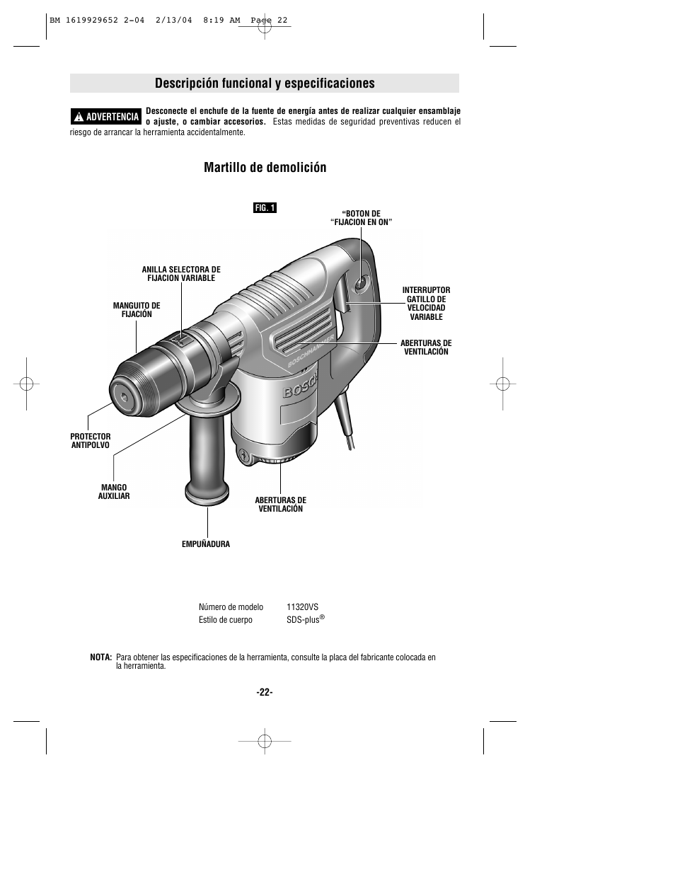 Descripción funcional y especificaciones, Martillo de demolición | Bosch 11320VS User Manual | Page 22 / 28