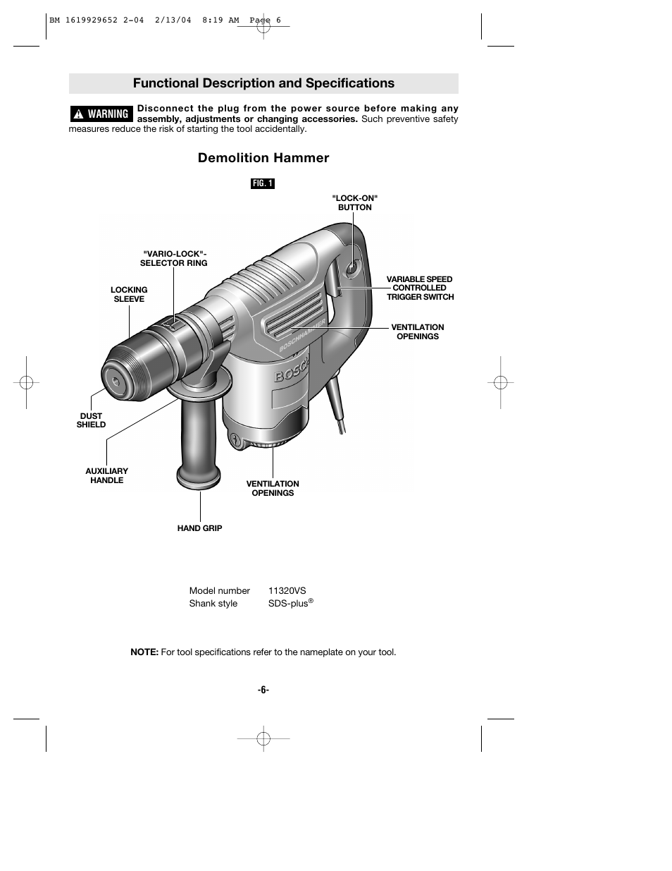 Functional description and specifications, Demolition hammer | Bosch 11320VS User Manual | Page 6 / 28