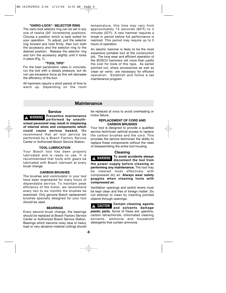 Maintenance | Bosch 11320VS User Manual | Page 8 / 28