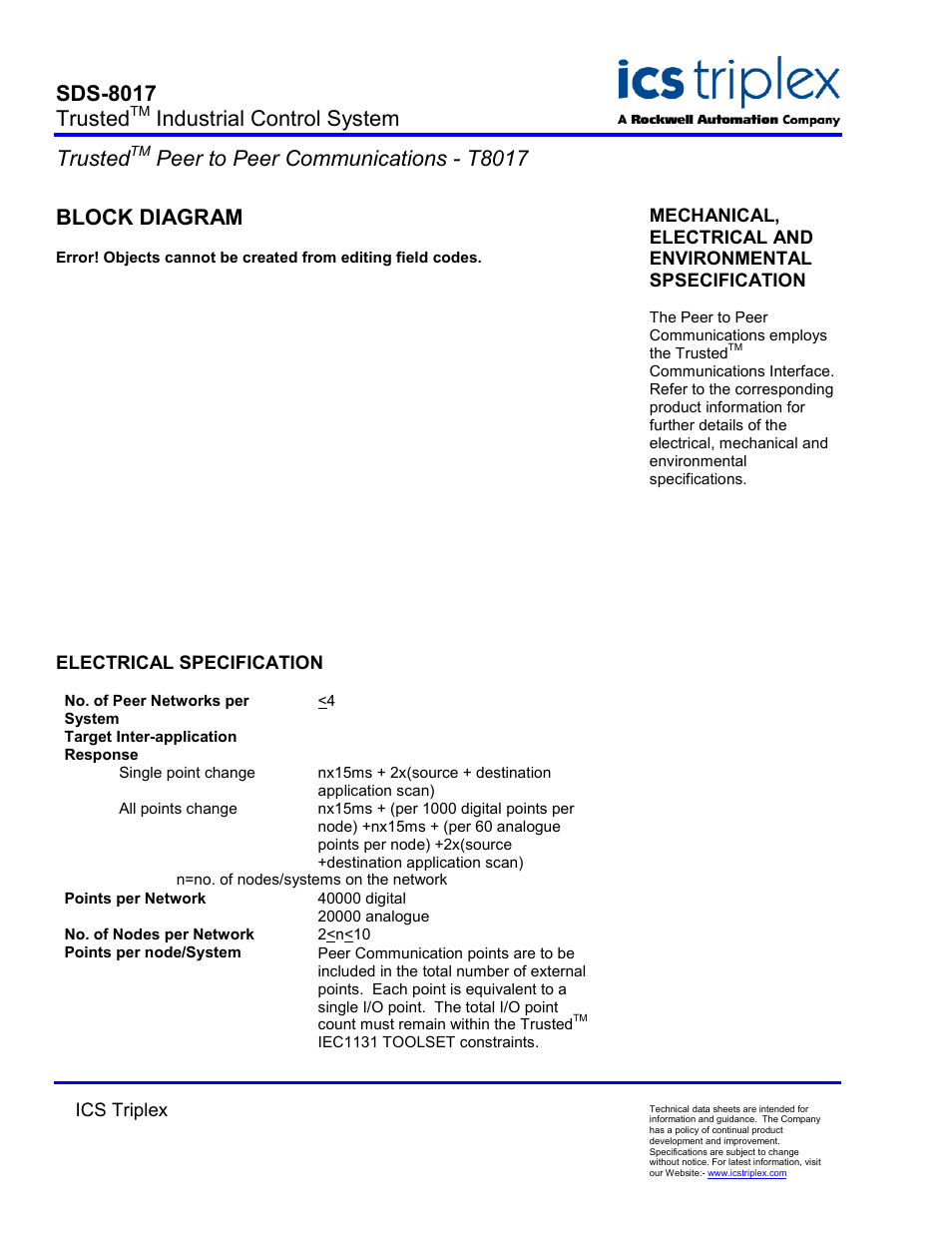 Block diagram, Electrical specification, Sds-8017 trusted | Industrial control system trusted, Peer to peer communications - t8017 | Rockwell Automation T8017 Trusted Peer to Peer Communications User Manual | Page 2 / 2