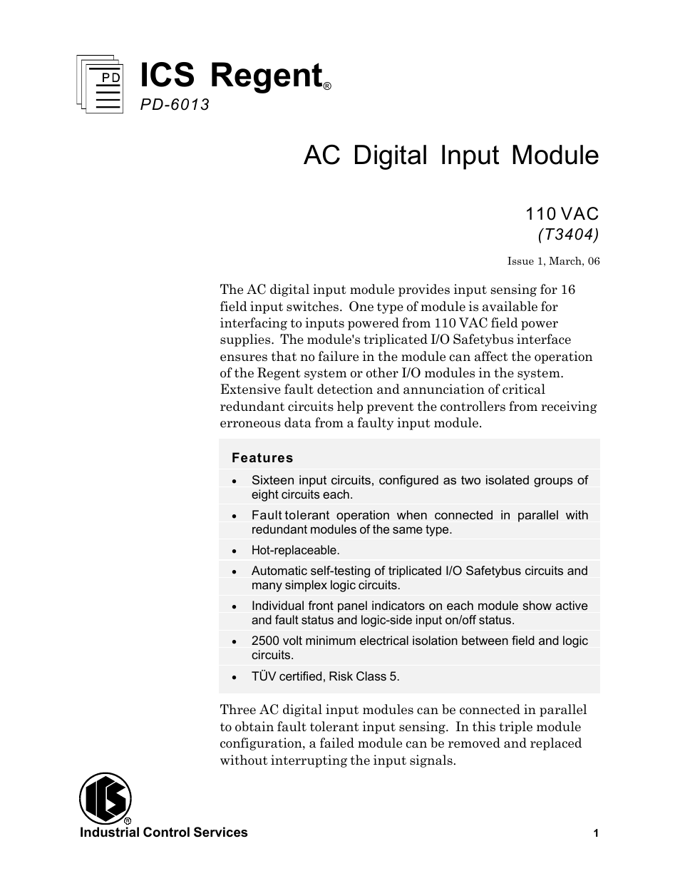 Rockwell Automation T3404 ICS Regent AC Digital Input Module 110 VAC User Manual | 16 pages