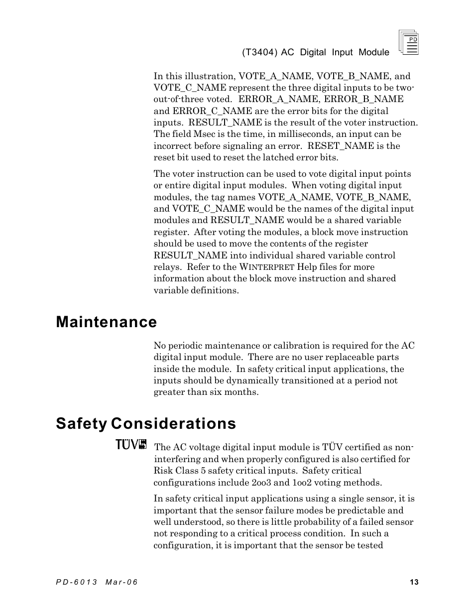 Maintenance, Safety considerations | Rockwell Automation T3404 ICS Regent AC Digital Input Module 110 VAC User Manual | Page 13 / 16