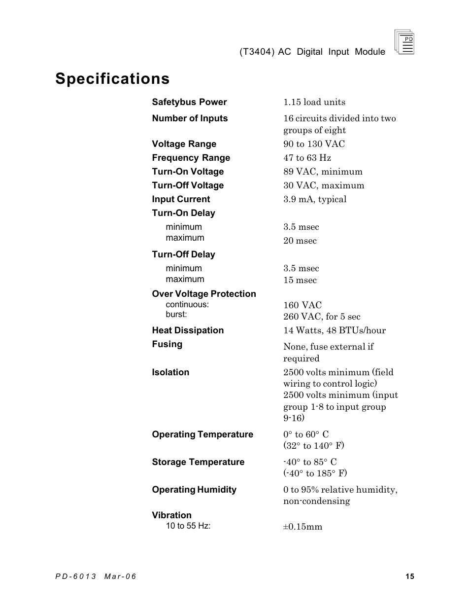 Specifications | Rockwell Automation T3404 ICS Regent AC Digital Input Module 110 VAC User Manual | Page 15 / 16