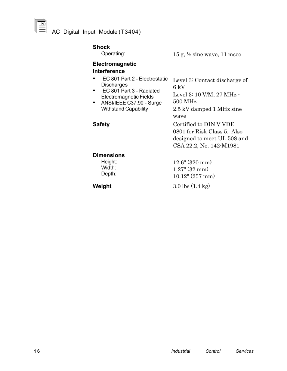 Rockwell Automation T3404 ICS Regent AC Digital Input Module 110 VAC User Manual | Page 16 / 16