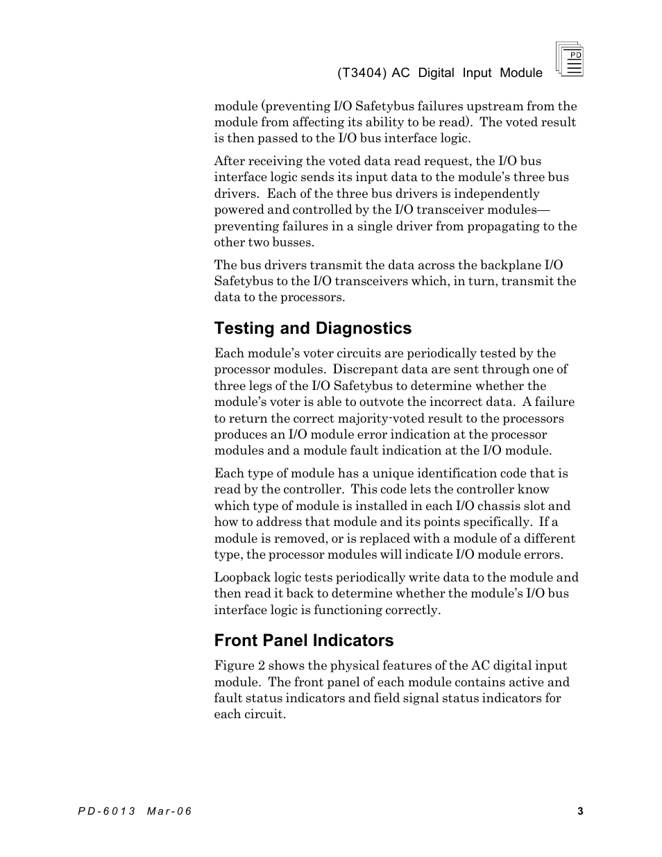 Testing and diagnostics, Front panel indicators | Rockwell Automation T3404 ICS Regent AC Digital Input Module 110 VAC User Manual | Page 3 / 16