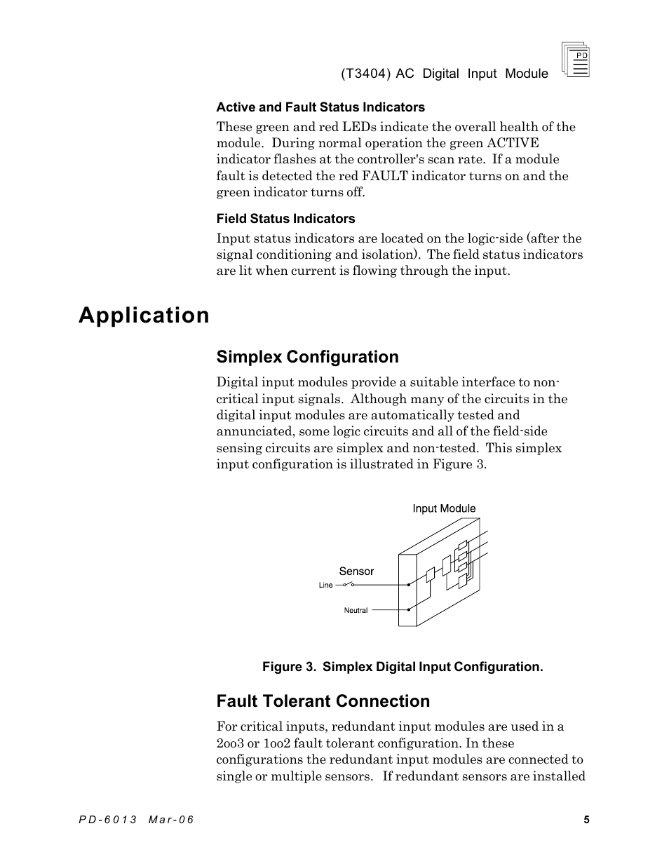 Application, Simplex configuration, Fault tolerant connection | Rockwell Automation T3404 ICS Regent AC Digital Input Module 110 VAC User Manual | Page 5 / 16