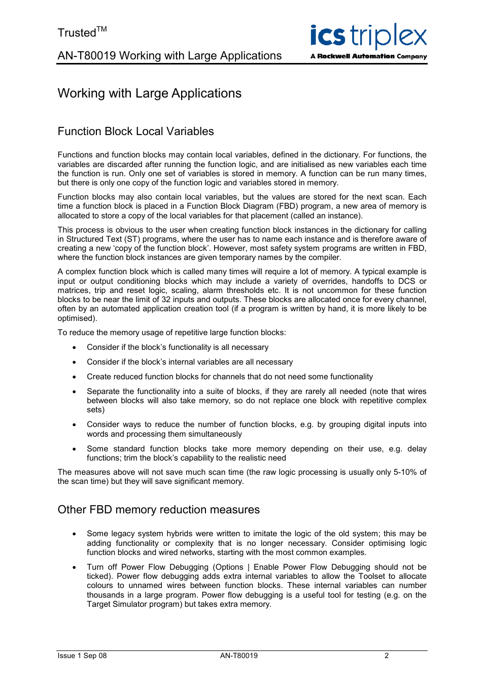 Function block local variables, Other fbd memory reduction measures, Working with large applications | Trusted | Rockwell Automation T80019 Application Note Working With Large Applications User Manual | Page 2 / 4