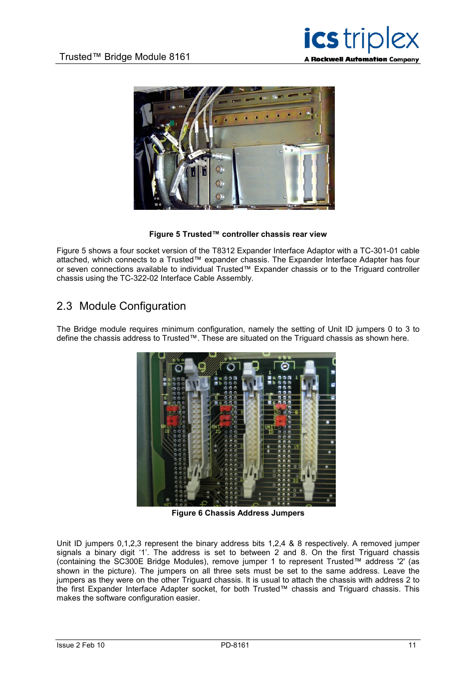 Module configuration, Figure 5 trusted™ controller chassis rear view, Figure 6 chassis address jumpers | 3 module configuration | Rockwell Automation SC300E Trusted Bridge Module User Manual | Page 11 / 43