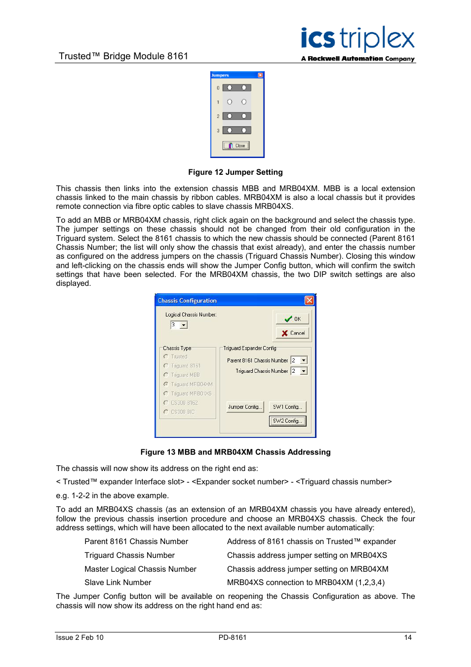 Figure 12 jumper setting, Figure 13 mbb and mrb04xm chassis addressing, Trusted™ bridge module 8161 | Rockwell Automation SC300E Trusted Bridge Module User Manual | Page 14 / 43