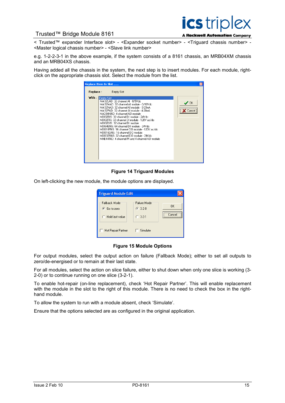 Figure 14 triguard modules, Figure 15 module options, Trusted™ bridge module 8161 | Rockwell Automation SC300E Trusted Bridge Module User Manual | Page 15 / 43
