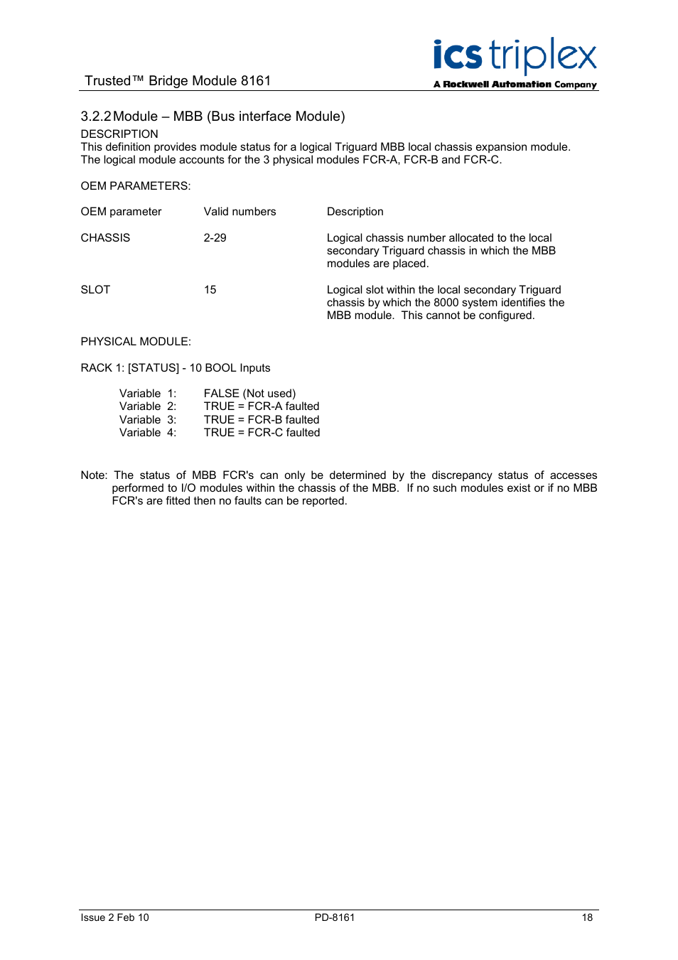 Module – mbb (bus interface module), Trusted™ bridge module 8161, 2 module – mbb (bus interface module) | Rockwell Automation SC300E Trusted Bridge Module User Manual | Page 18 / 43