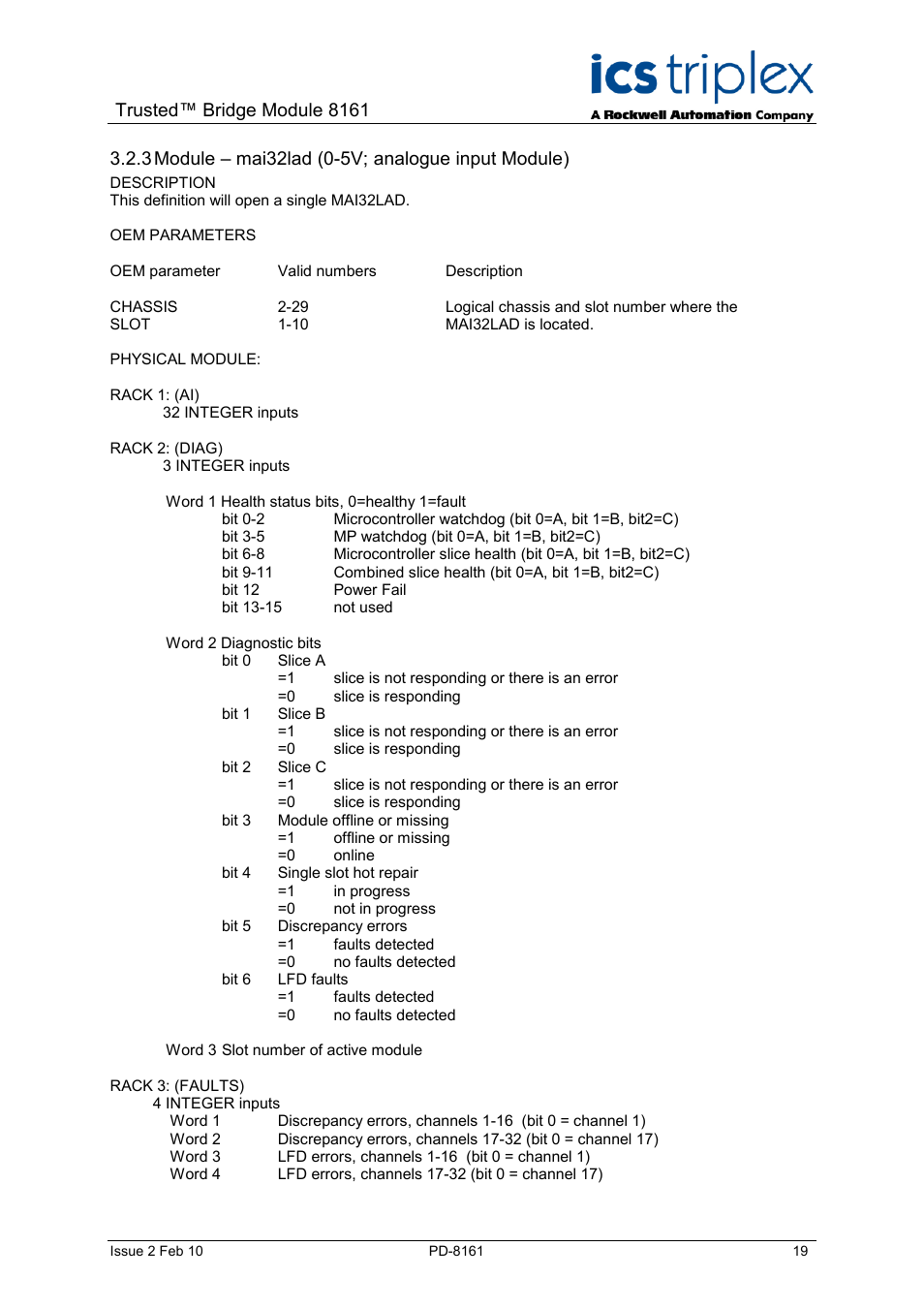 Module – mai32lad (0-5v; analogue input module), Trusted™ bridge module 8161 | Rockwell Automation SC300E Trusted Bridge Module User Manual | Page 19 / 43