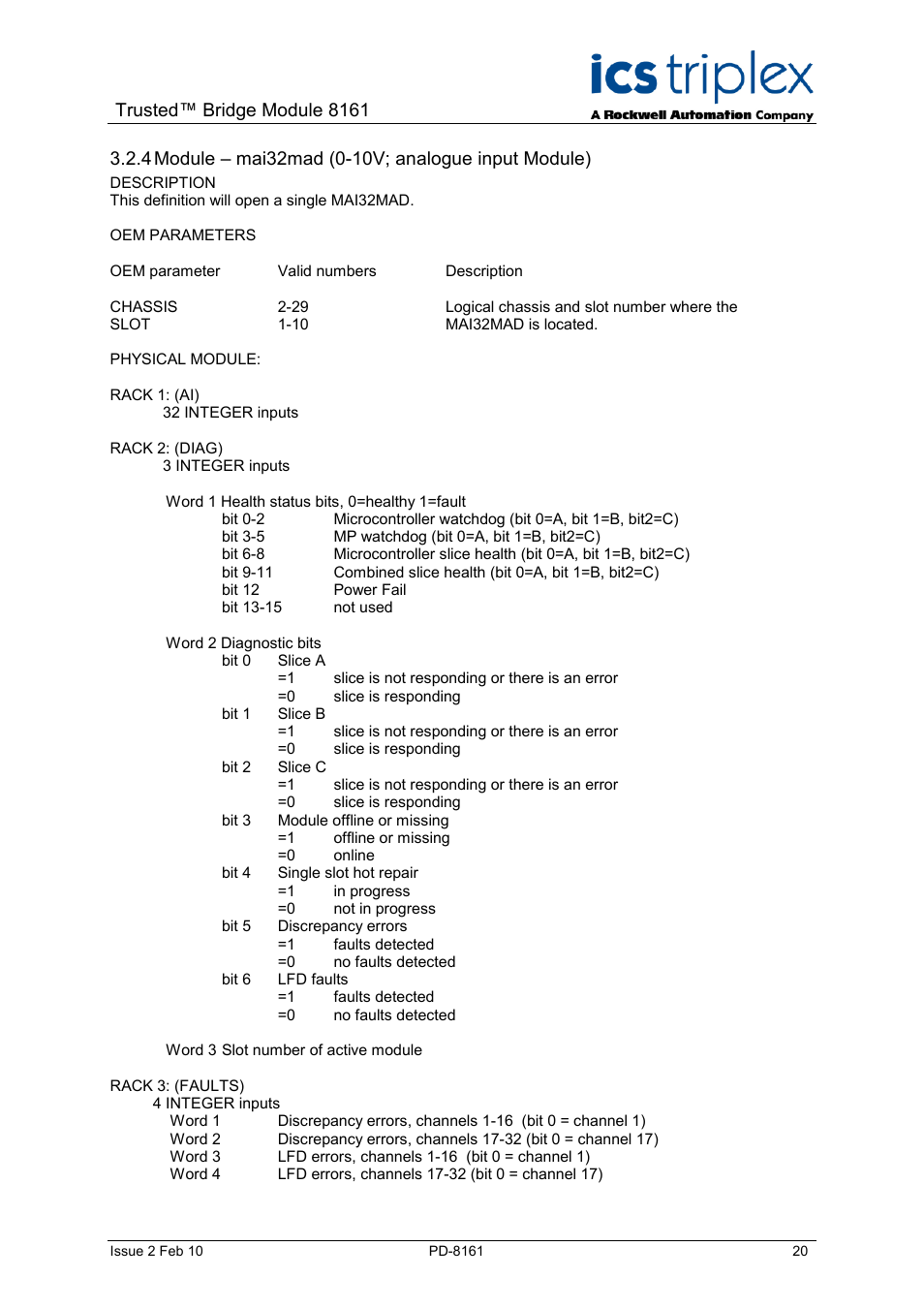 Module – mai32mad (0-10v; analogue input module), Trusted™ bridge module 8161 | Rockwell Automation SC300E Trusted Bridge Module User Manual | Page 20 / 43