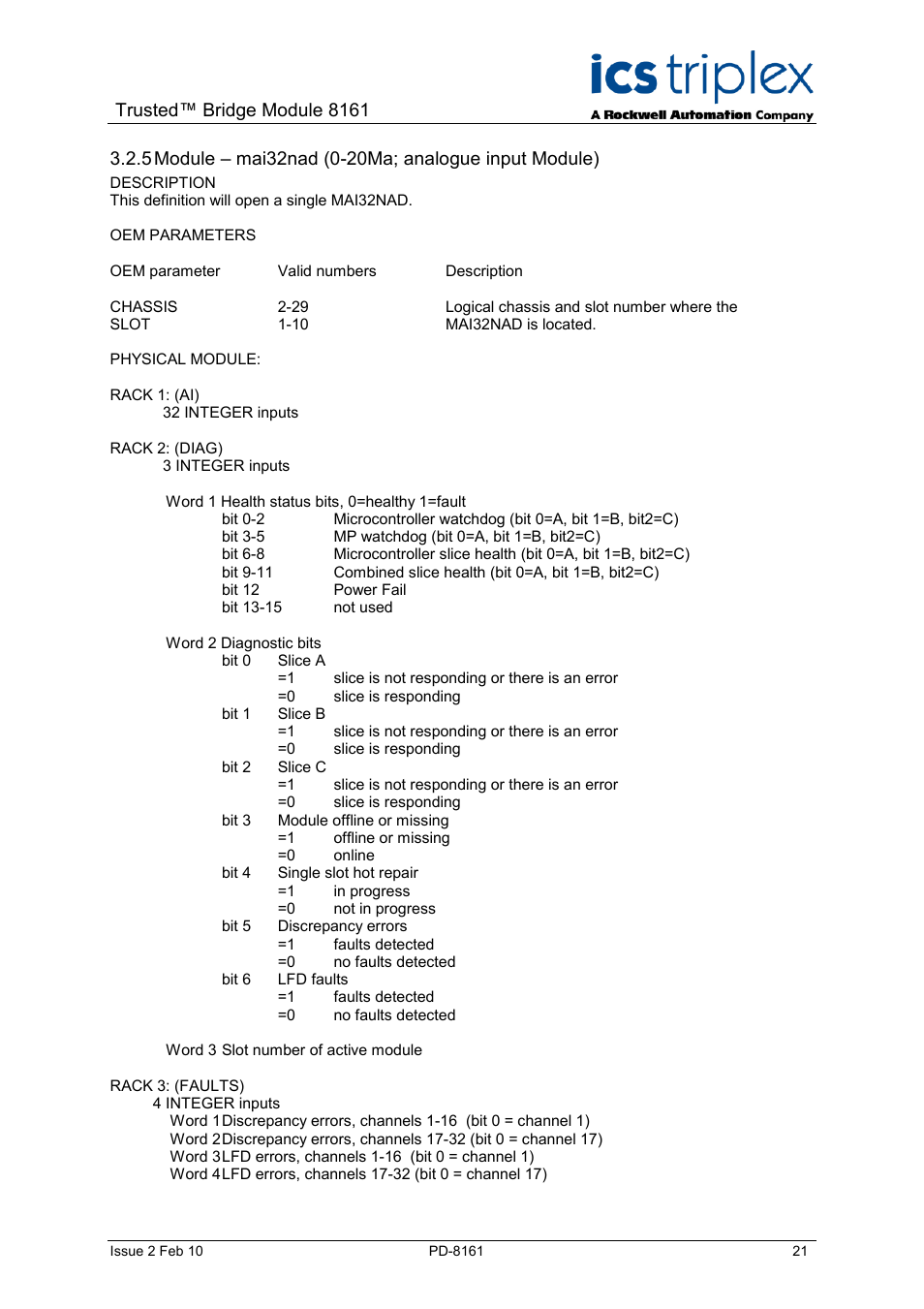 Module – mai32nad (0-20ma; analogue input module), Trusted™ bridge module 8161 | Rockwell Automation SC300E Trusted Bridge Module User Manual | Page 21 / 43
