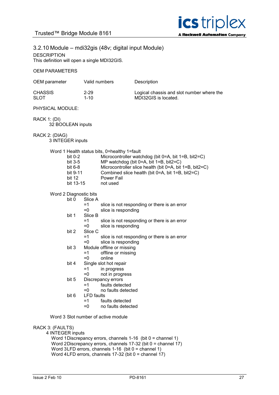 Module – mdi32gis (48v; digital input module), Trusted™ bridge module 8161 | Rockwell Automation SC300E Trusted Bridge Module User Manual | Page 27 / 43