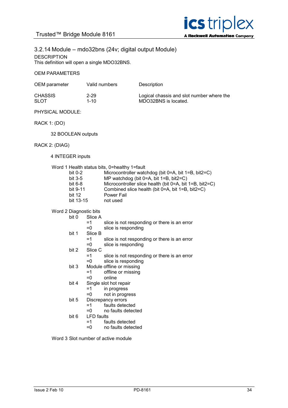 Module – mdo32bns (24v; digital output module), Trusted™ bridge module 8161 | Rockwell Automation SC300E Trusted Bridge Module User Manual | Page 34 / 43