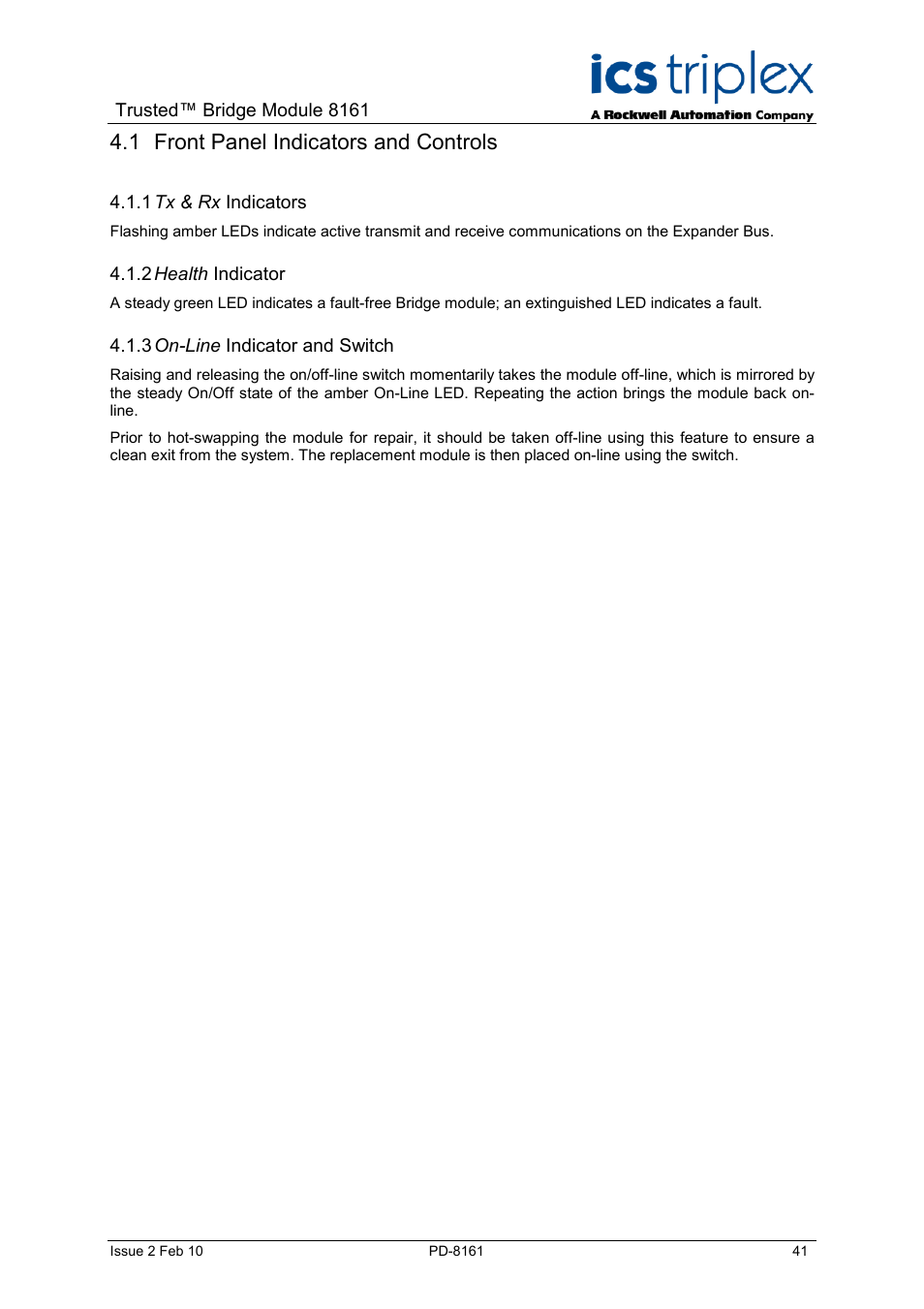 Front panel indicators and controls, Tx & rx indicators, Health indicator | On-line indicator and switch, 1 front panel indicators and controls | Rockwell Automation SC300E Trusted Bridge Module User Manual | Page 41 / 43