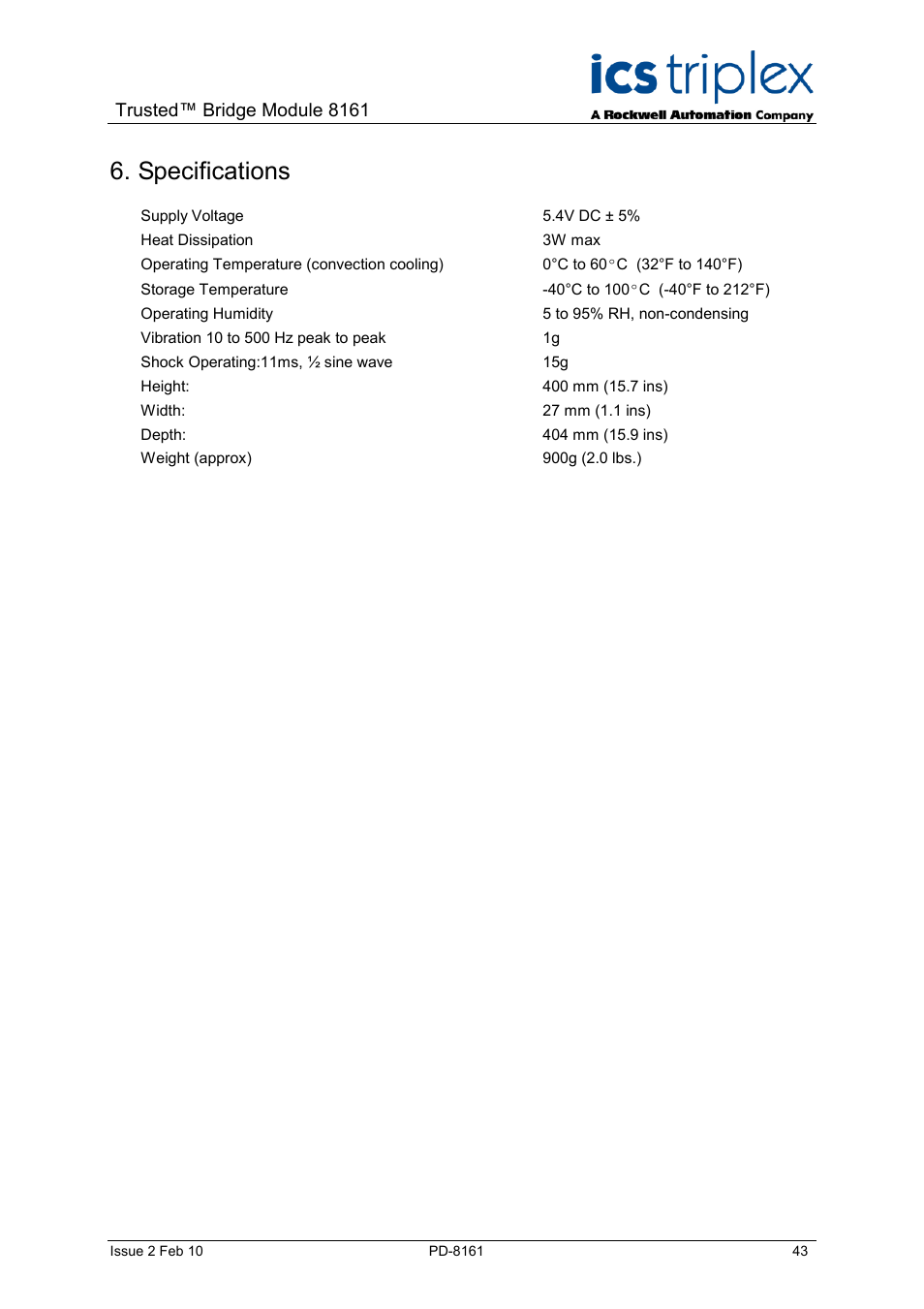 Specifications, Trusted™ bridge module 8161 | Rockwell Automation SC300E Trusted Bridge Module User Manual | Page 43 / 43