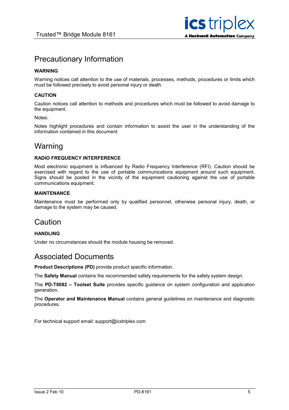 Precautionary information, Warning, Caution | Associated documents | Rockwell Automation SC300E Trusted Bridge Module User Manual | Page 5 / 43