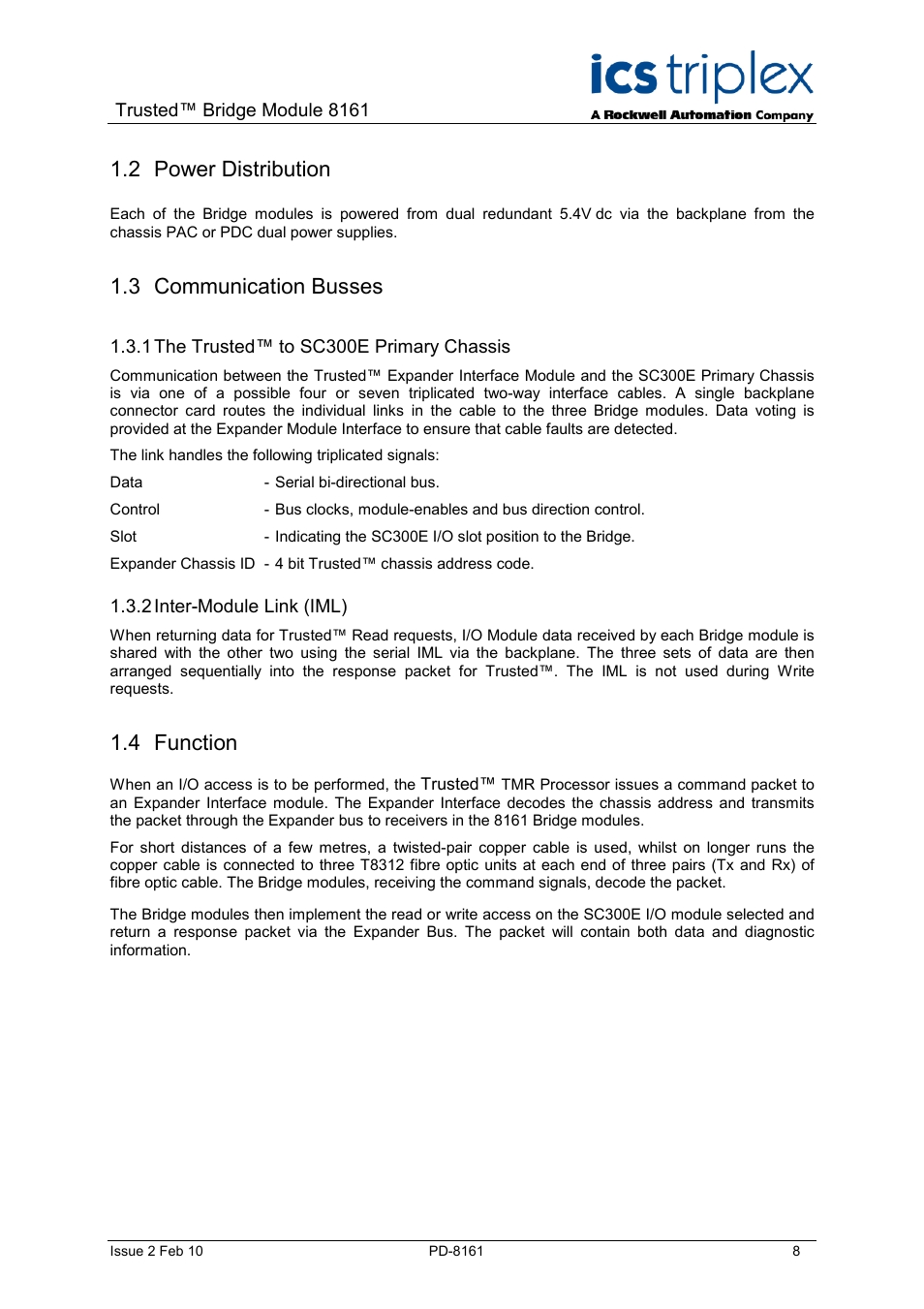 Power distribution, Communication busses, The trusted™ to sc300e primary chassis | Inter-module link (iml), Function, 2 power distribution, 3 communication busses, 4 function | Rockwell Automation SC300E Trusted Bridge Module User Manual | Page 8 / 43