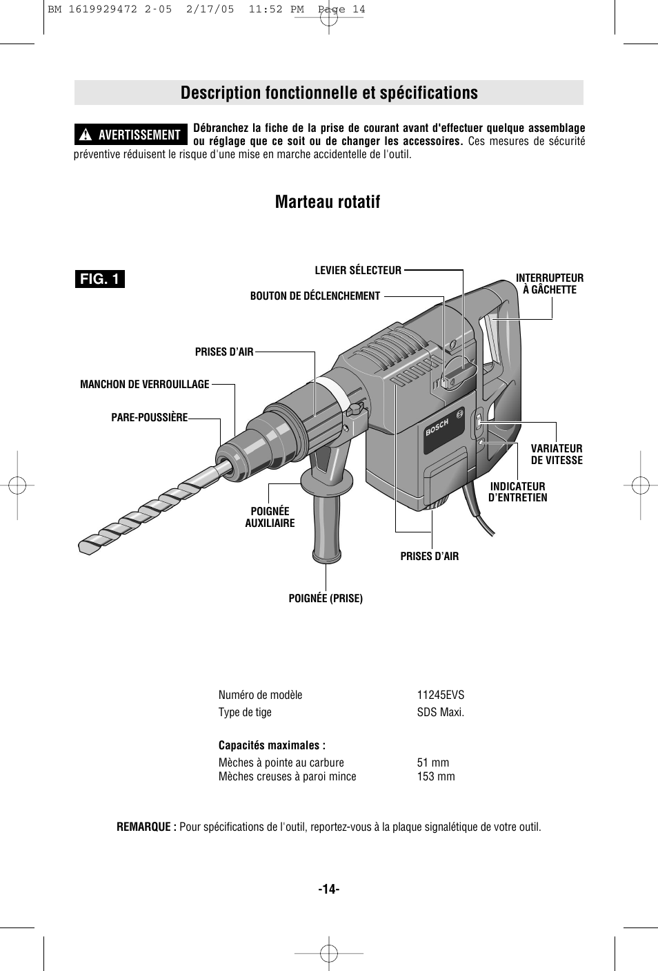 Description fonctionnelle et spécifications, Marteau rotatif, Fig. 1 | Bosch 11245EVS User Manual | Page 14 / 28