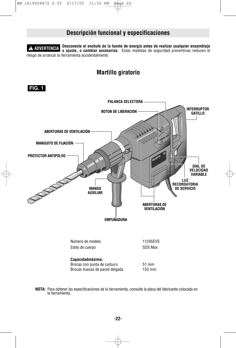 Descripción funcional y especificaciones, Martillo giratorio, Fig. 1 | Bosch 11245EVS User Manual | Page 22 / 28