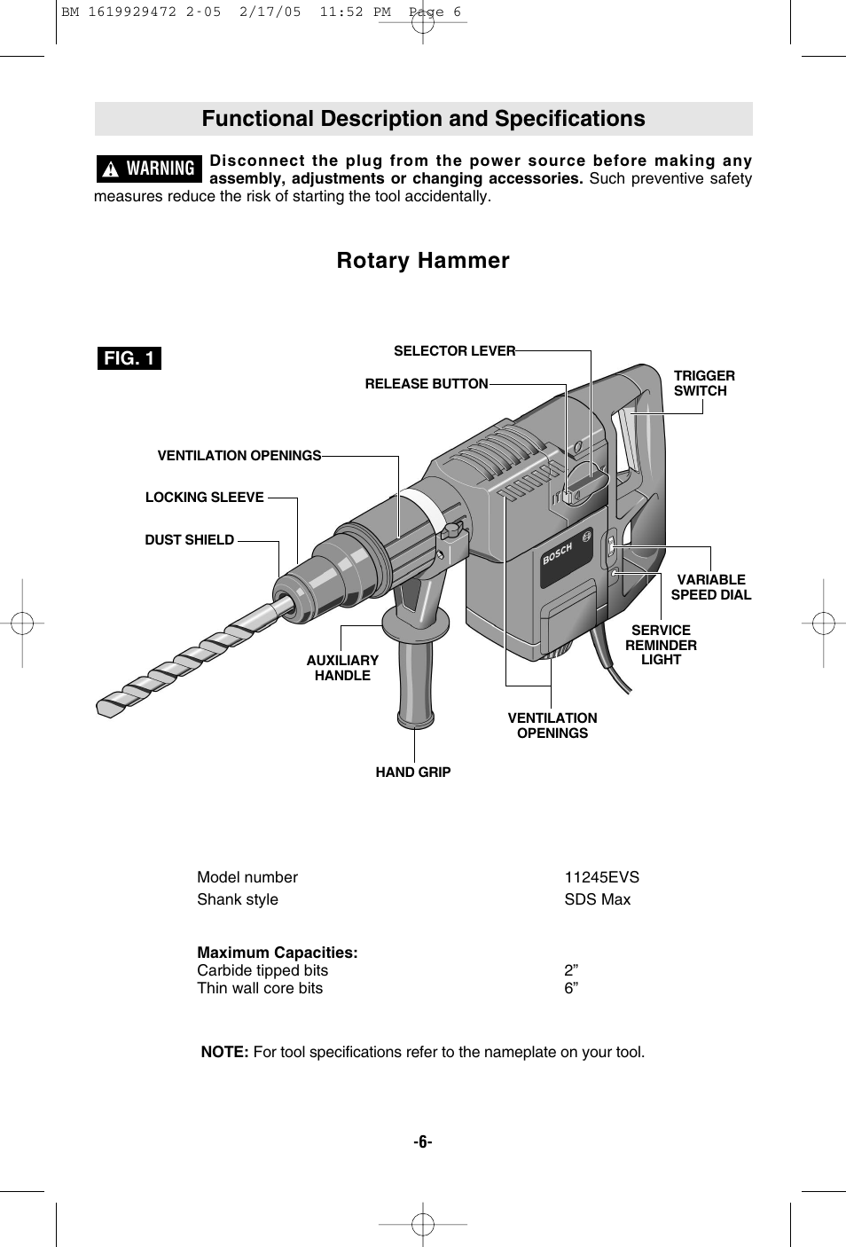 Functional description and specifications, Rotary hammer | Bosch 11245EVS User Manual | Page 6 / 28