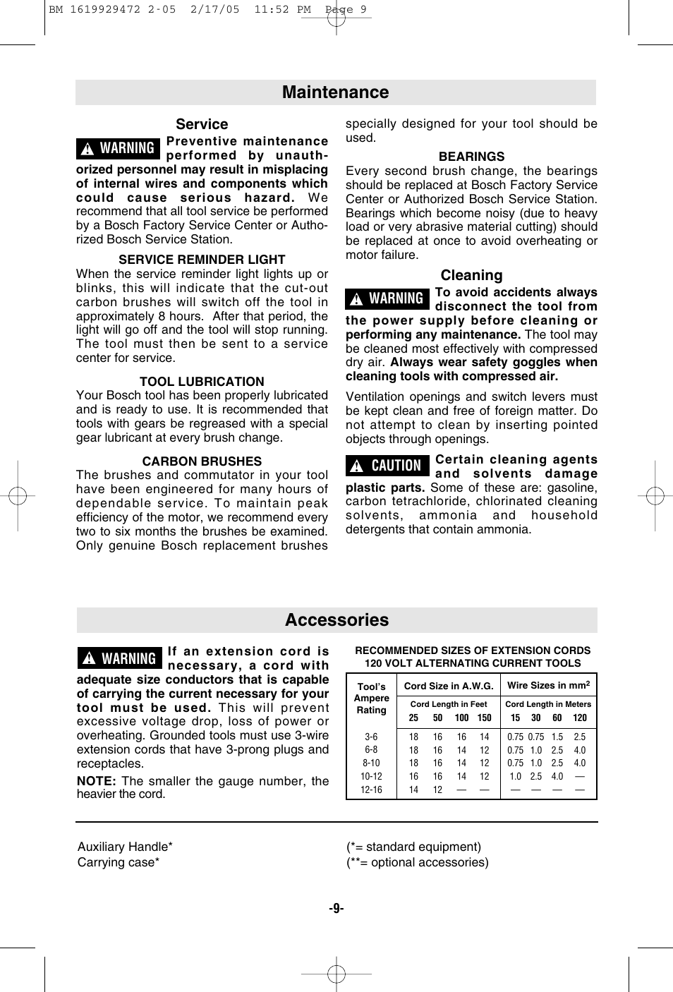 Maintenance, Accessories, Service | Cleaning, Warning, Caution | Bosch 11245EVS User Manual | Page 9 / 28