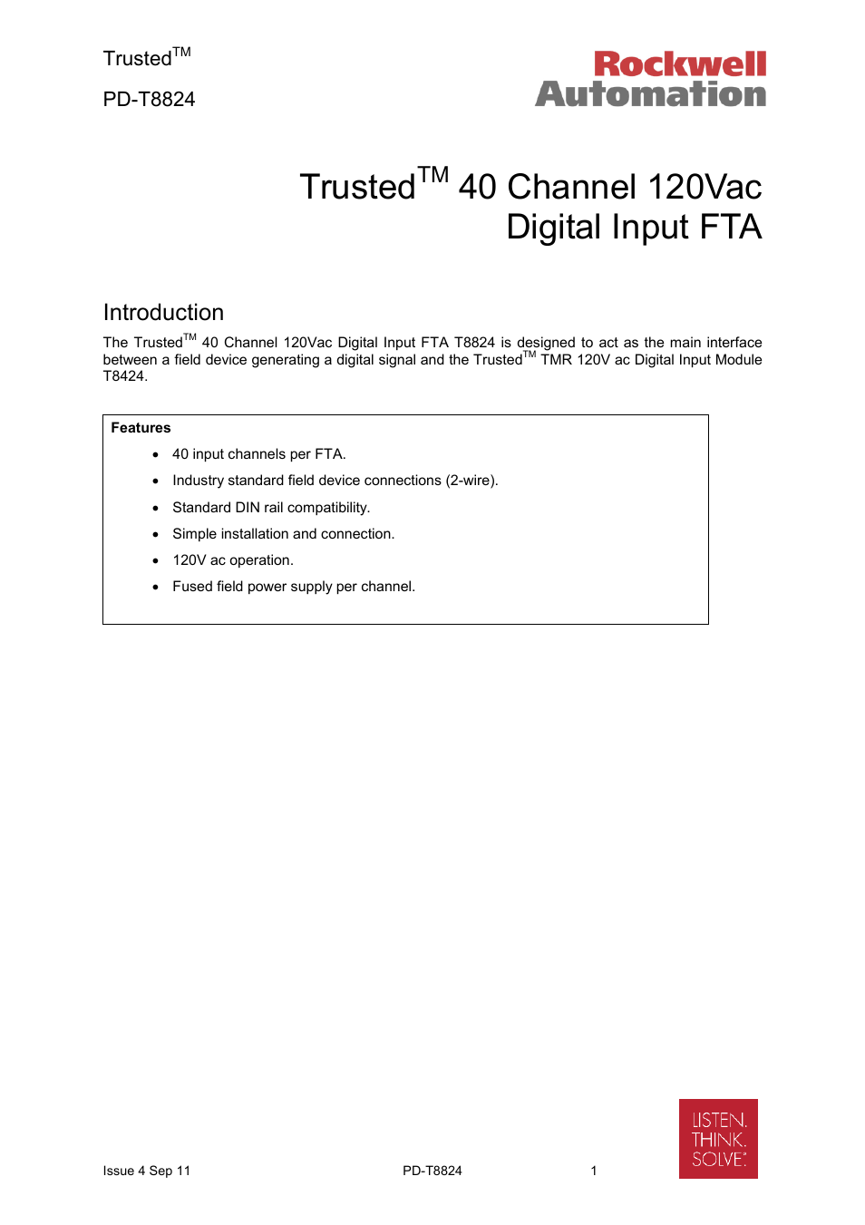 Rockwell Automation T8824 Trusted 40 Channel 120V ac Digital Input FTA User Manual | 15 pages