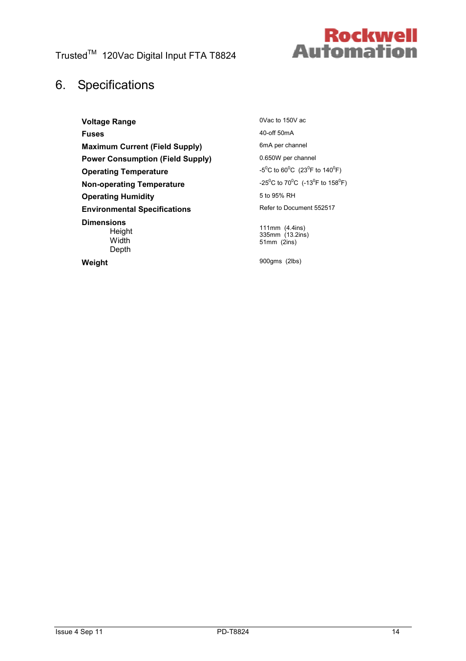 Specifications, Trusted | Rockwell Automation T8824 Trusted 40 Channel 120V ac Digital Input FTA User Manual | Page 14 / 15