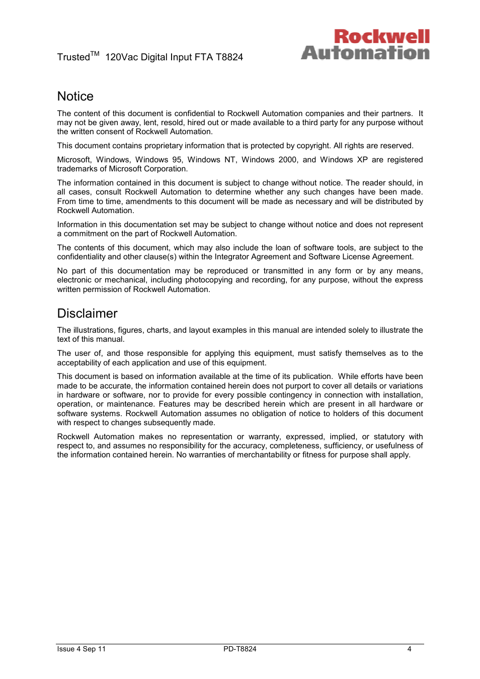 Notice, Disclaimer | Rockwell Automation T8824 Trusted 40 Channel 120V ac Digital Input FTA User Manual | Page 4 / 15