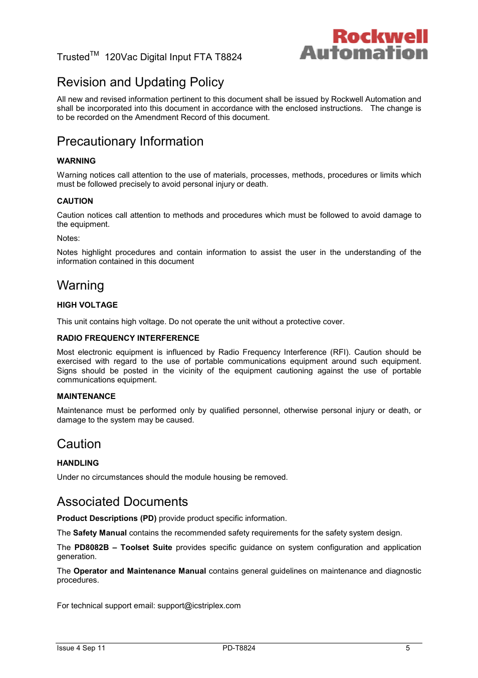 Revision and updating policy, Precautionary information, Warning | Caution, Associated documents | Rockwell Automation T8824 Trusted 40 Channel 120V ac Digital Input FTA User Manual | Page 5 / 15