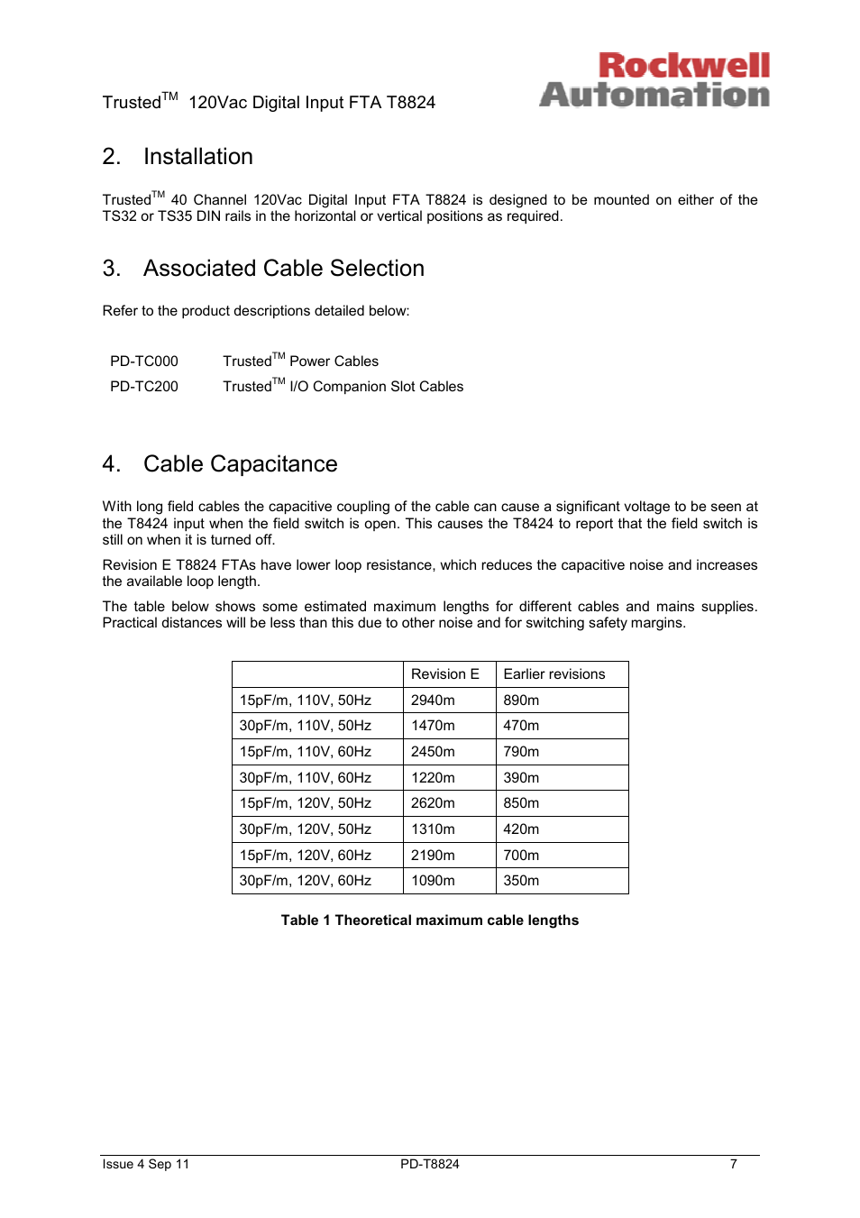 Installation, Associated cable selection, Cable capacitance | Trusted | Rockwell Automation T8824 Trusted 40 Channel 120V ac Digital Input FTA User Manual | Page 7 / 15