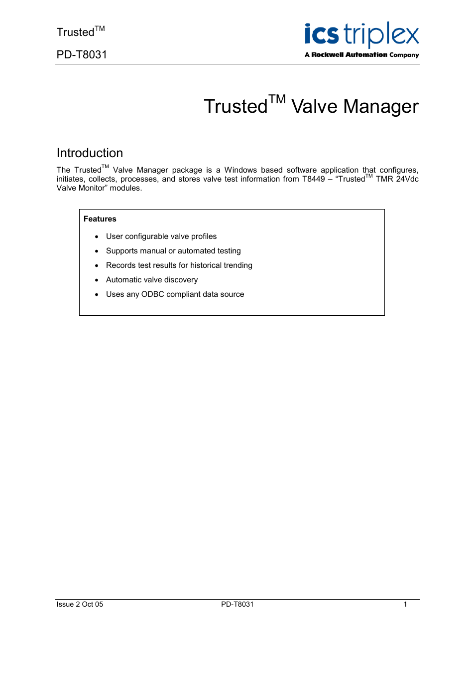 Rockwell Automation T8031  Trusted Valve Manager User Manual | 50 pages