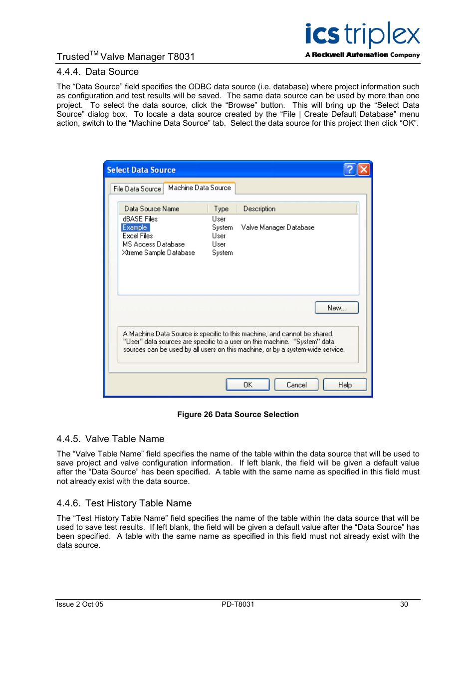Data source, Valve table name, Test history table name | Project notes, Saving the new project, Saving the valve manager configuration, Figure 29 valve detection | Rockwell Automation T8031  Trusted Valve Manager User Manual | Page 30 / 50