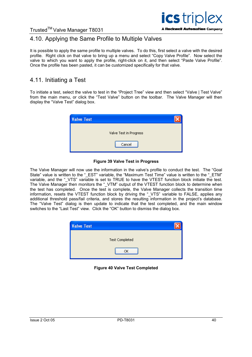 Applying the same profile to multiple valves, Initiating a test, Clearing valve test history | Controlling the monitor, Figure 42 clear valve test history, Figure 43 monitor configuration | Rockwell Automation T8031  Trusted Valve Manager User Manual | Page 40 / 50