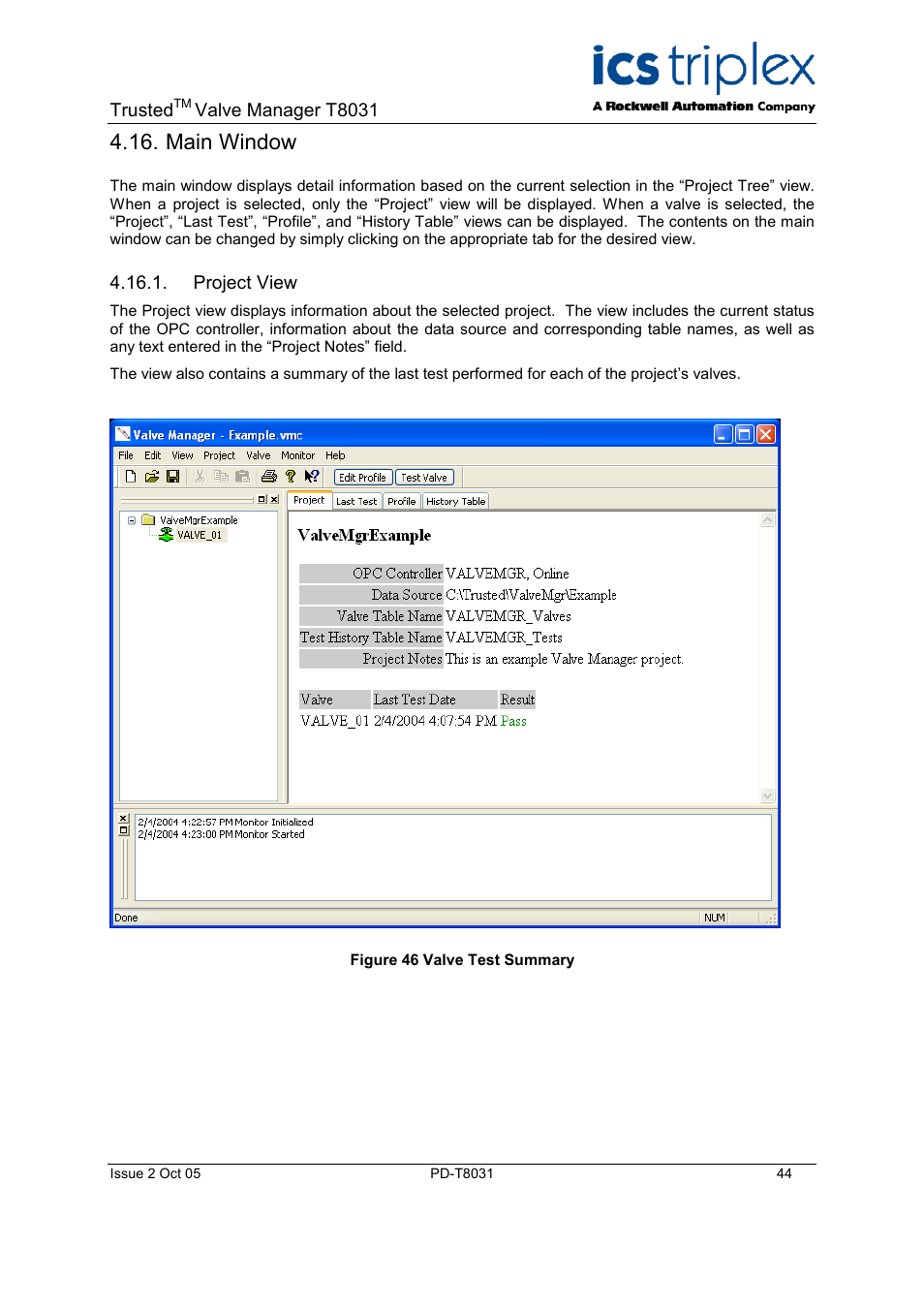 Main window, Project view, Profile view | Figure 49 profile view | Rockwell Automation T8031  Trusted Valve Manager User Manual | Page 44 / 50