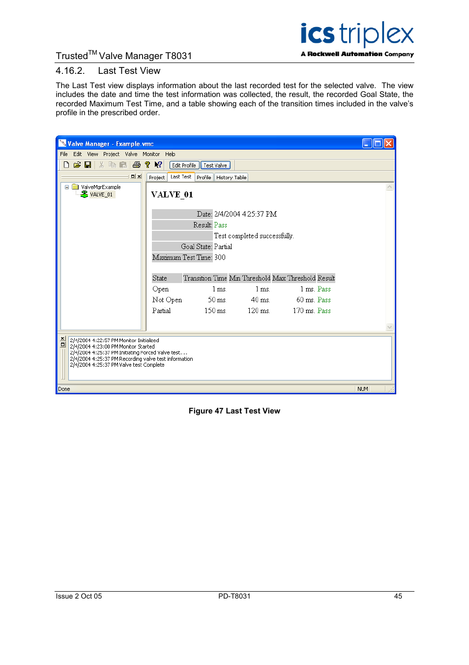 Last test view, Figure 50 valve test history | Rockwell Automation T8031  Trusted Valve Manager User Manual | Page 45 / 50