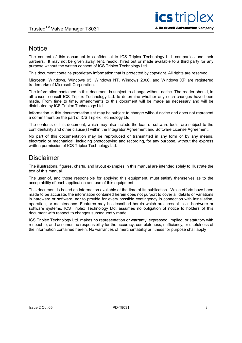 Notice, Disclaimer | Rockwell Automation T8031  Trusted Valve Manager User Manual | Page 8 / 50