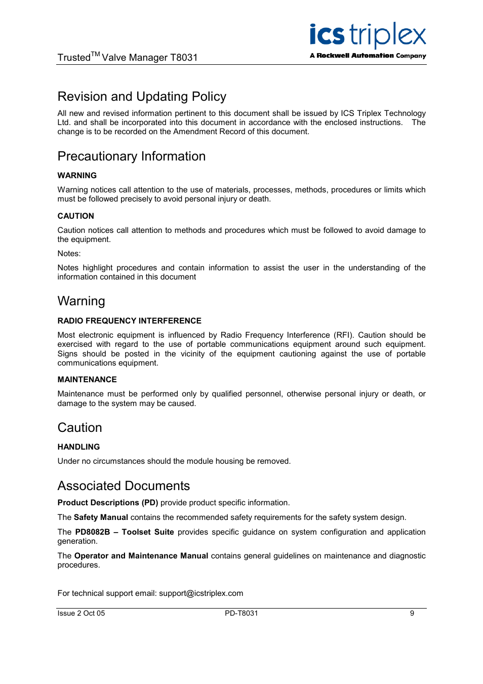 Revision and updating policy, Precautionary information, Warning | Caution, Associated documents | Rockwell Automation T8031  Trusted Valve Manager User Manual | Page 9 / 50