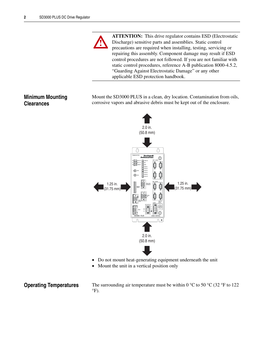 Minimum mounting clearances, Operating temperatures | Rockwell Automation SD3000 PLUS DC Drive Regulator User Manual | Page 2 / 10