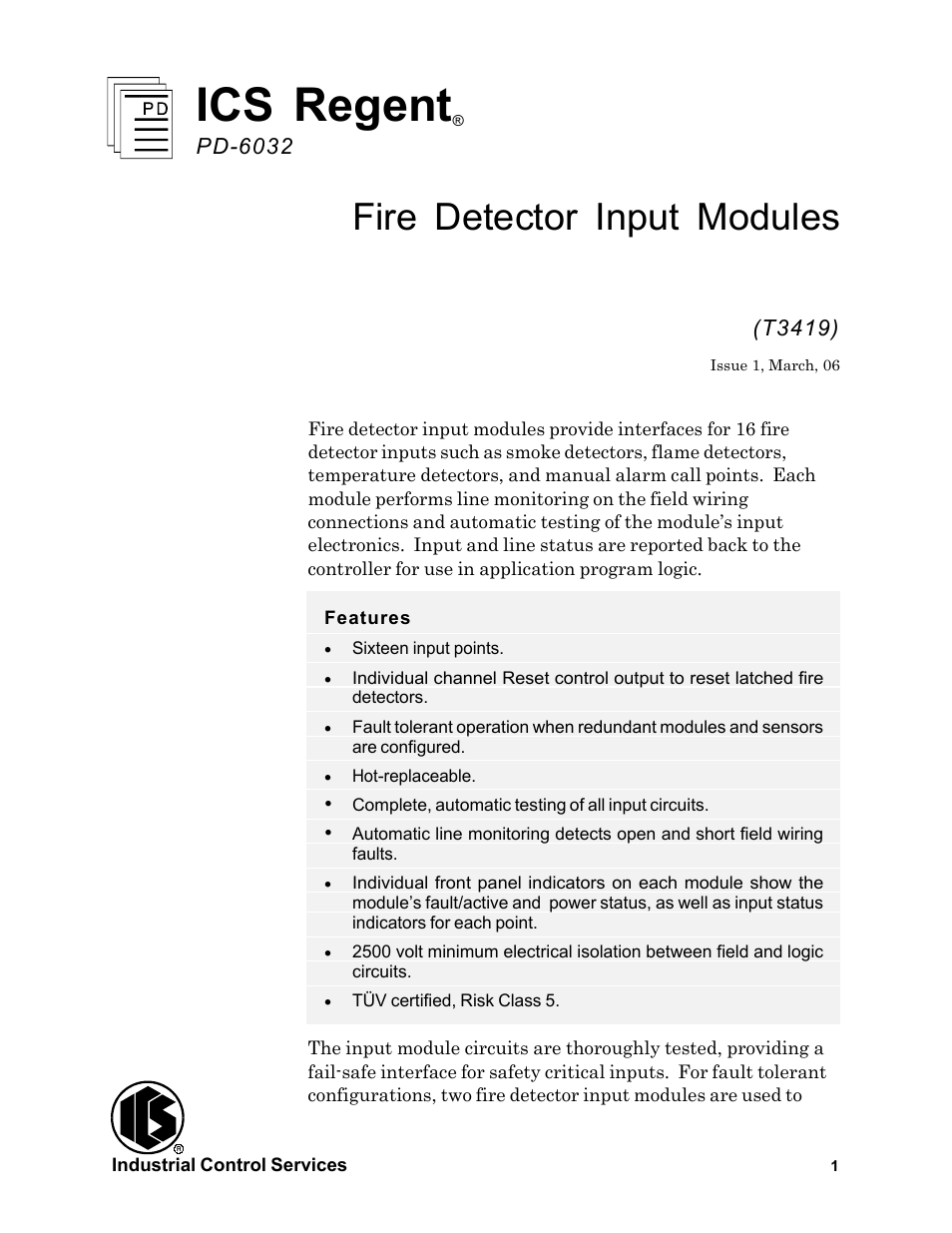 Rockwell Automation T3419 ICS Regent Fire Detector Input User Manual | 21 pages