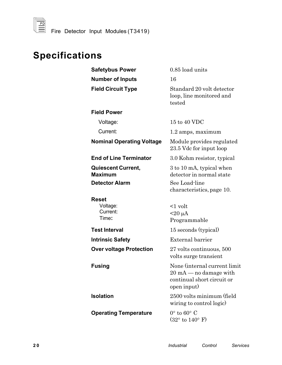 Specifications | Rockwell Automation T3419 ICS Regent Fire Detector Input User Manual | Page 20 / 21