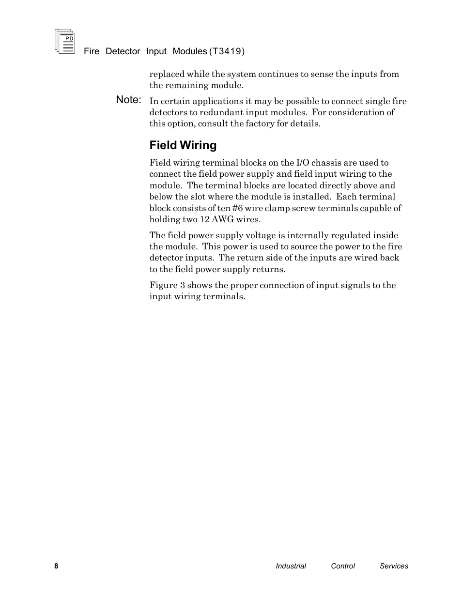 Field wiring | Rockwell Automation T3419 ICS Regent Fire Detector Input User Manual | Page 8 / 21