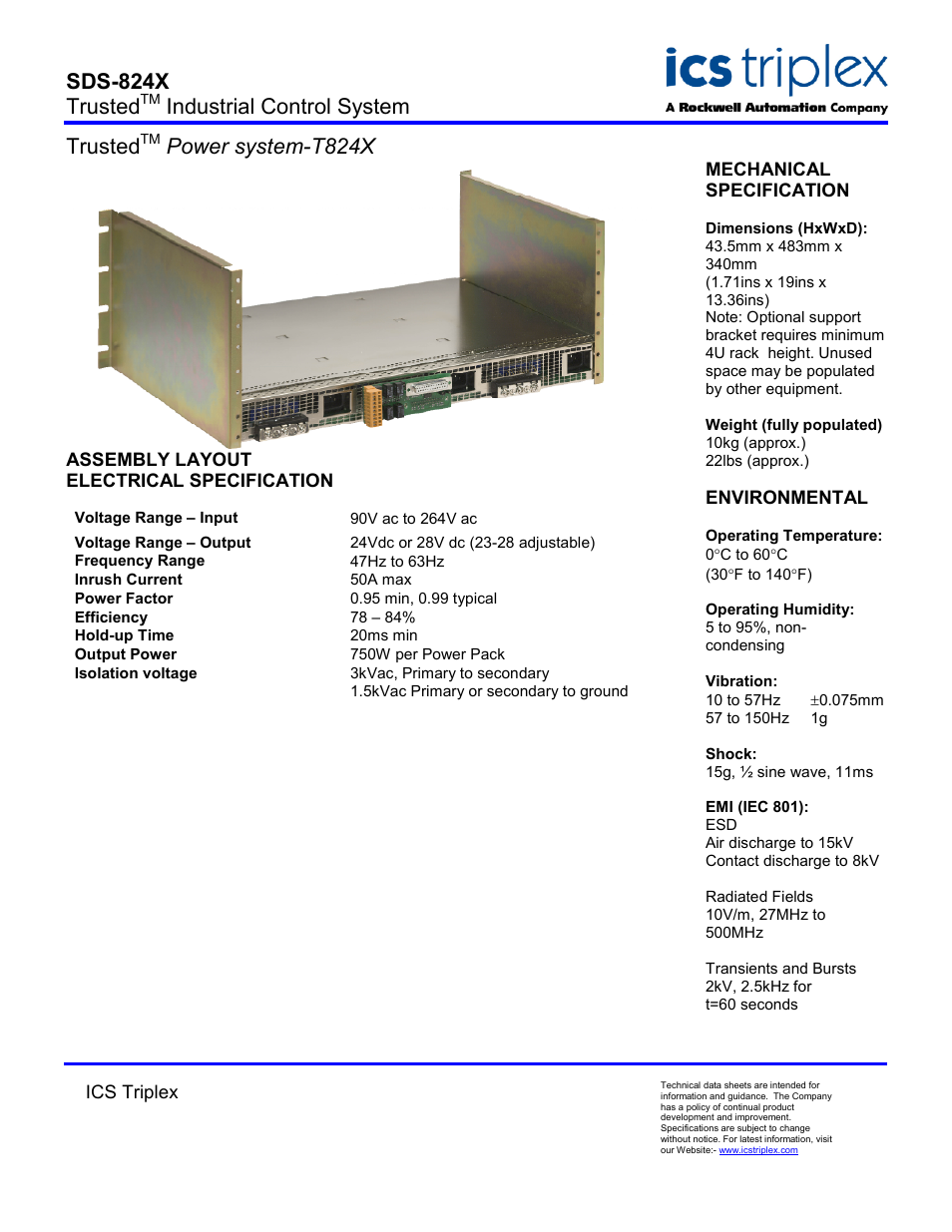 Assembly layout, Electrical specification, Sds-824x trusted | Industrial control system trusted, Power system-t824x | Rockwell Automation T824X Trusted Power System User Manual | Page 2 / 2