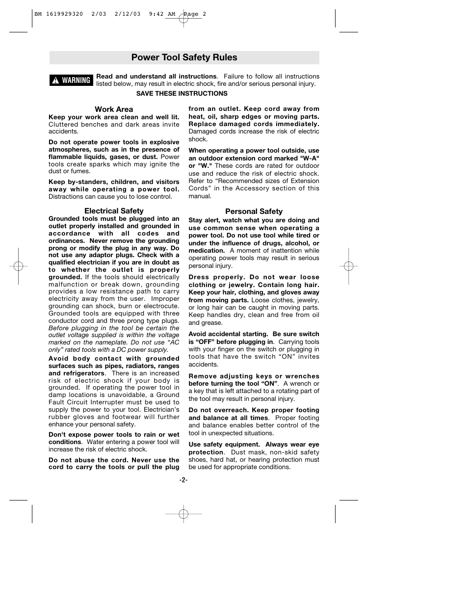 Power tool safety rules | Bosch 11222EVSG User Manual | Page 2 / 28