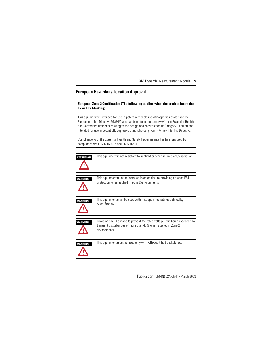 European hazardous location approval | Rockwell Automation 1440-DYN02-01RJ XM Dynamic Measurement Module User Manual | Page 5 / 20