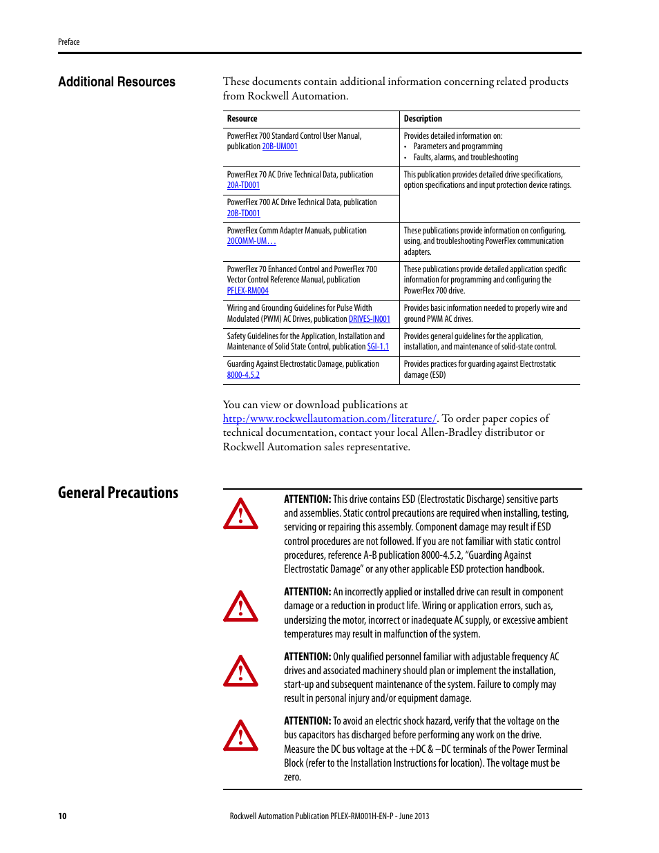 Additional resources general precautions, General precautions | Rockwell Automation 20B PowerFlex 70, PowerFlex 700 Reference Manual User Manual | Page 10 / 214