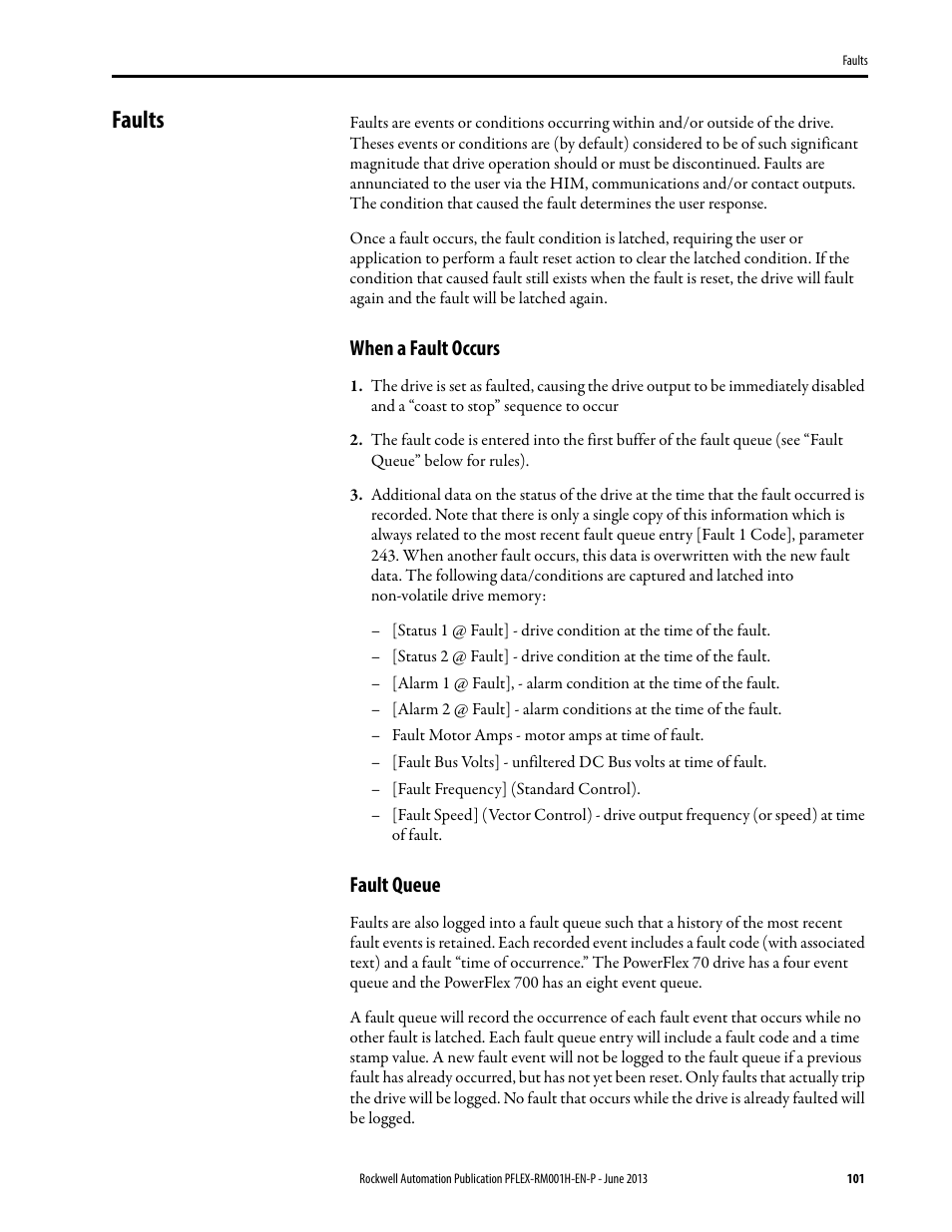 Faults, When a fault occurs, Fault queue | Rockwell Automation 20B PowerFlex 70, PowerFlex 700 Reference Manual User Manual | Page 101 / 214