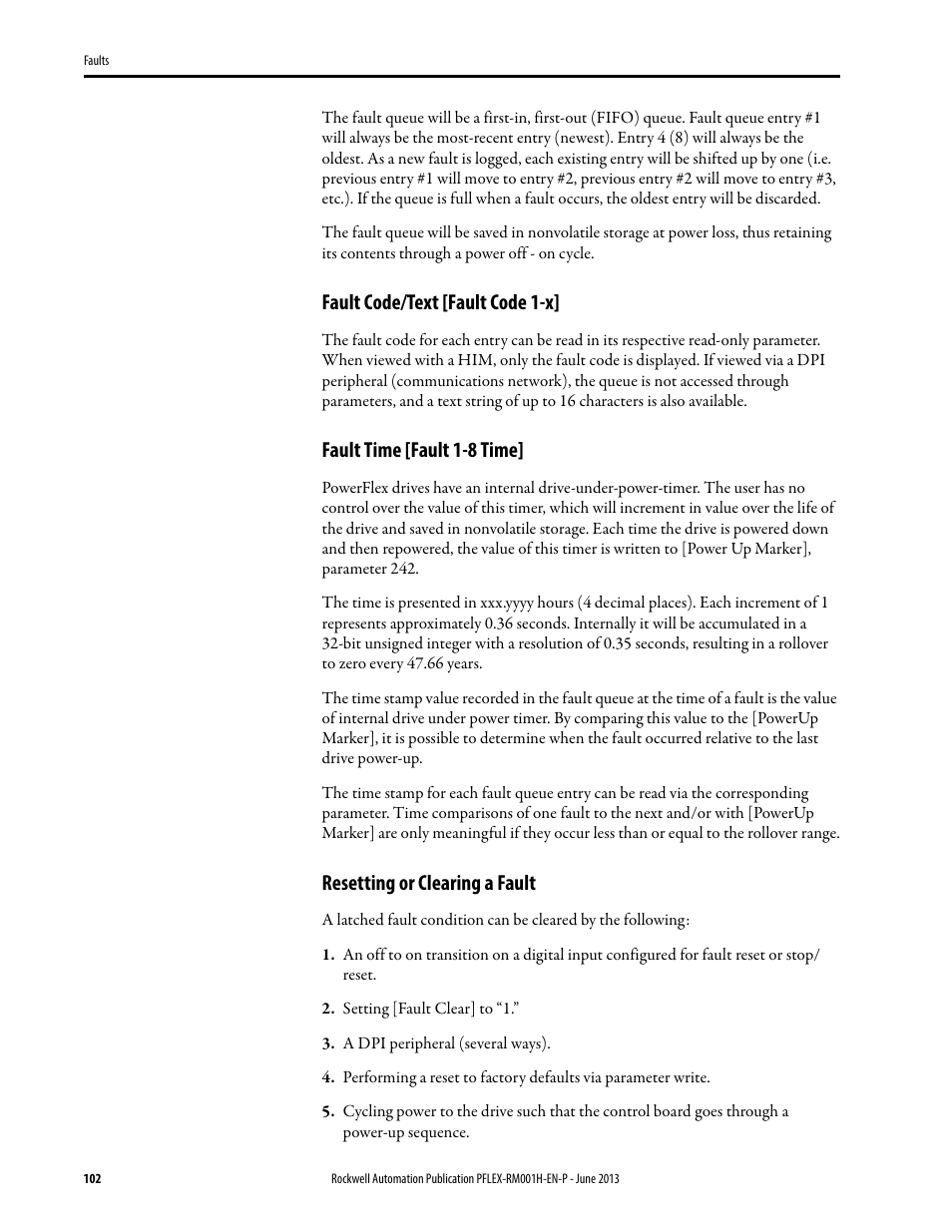 Fault code/text [fault code 1-x, Fault time [fault 1-8 time, Resetting or clearing a fault | Rockwell Automation 20B PowerFlex 70, PowerFlex 700 Reference Manual User Manual | Page 102 / 214